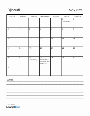 Current month calendar with Djibouti holidays for May 2026