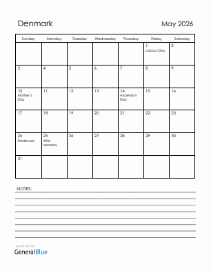 Current month calendar with Denmark holidays for May 2026