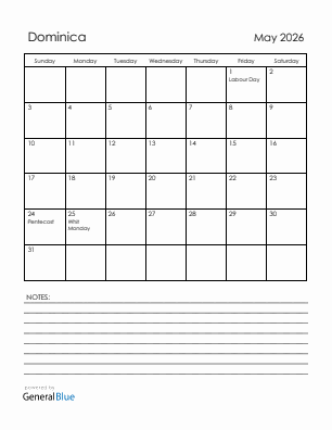 Current month calendar with Dominica holidays for May 2026