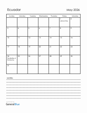 Current month calendar with Ecuador holidays for May 2026