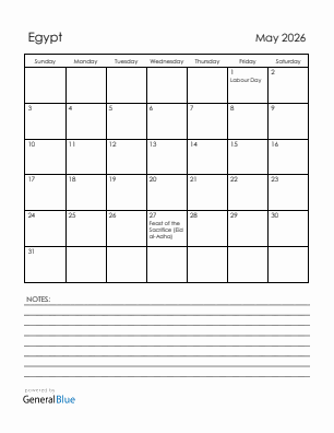 Current month calendar with Egypt holidays for May 2026