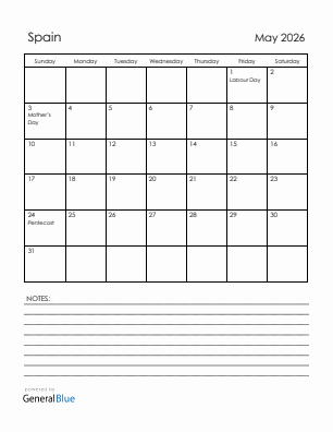 Current month calendar with Spain holidays for May 2026