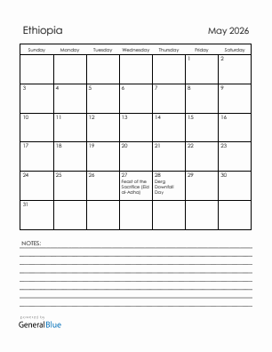 Current month calendar with Ethiopia holidays for May 2026