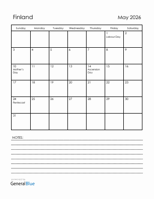Current month calendar with Finland holidays for May 2026