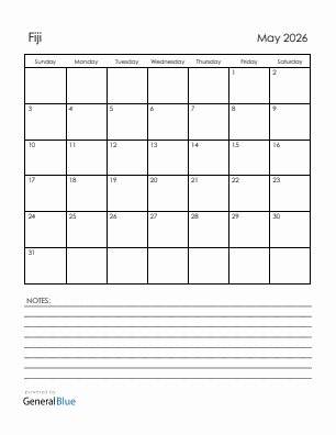 Current month calendar with Fiji holidays for May 2026