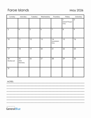 Current month calendar with Faroe Islands holidays for May 2026