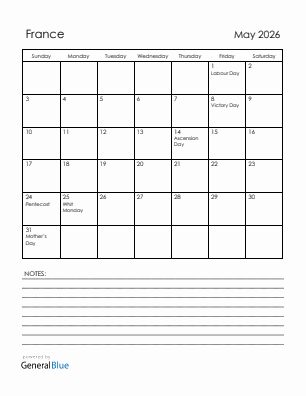 Current month calendar with France holidays for May 2026