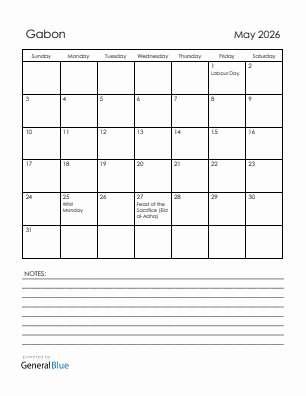 Current month calendar with Gabon holidays for May 2026