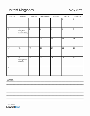 Current month calendar with United Kingdom holidays for May 2026