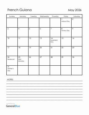 Current month calendar with French Guiana holidays for May 2026