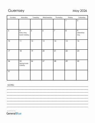 Current month calendar with Guernsey holidays for May 2026