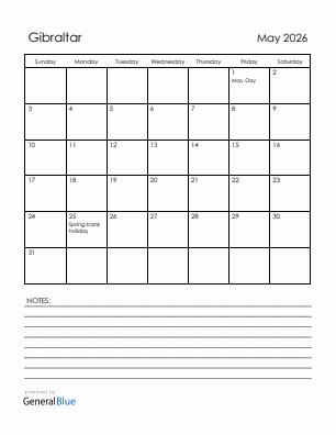 Current month calendar with Gibraltar holidays for May 2026