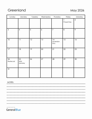 Current month calendar with Greenland holidays for May 2026