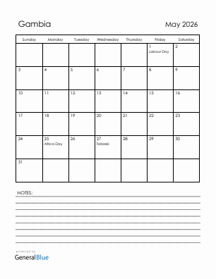 Current month calendar with Gambia holidays for May 2026
