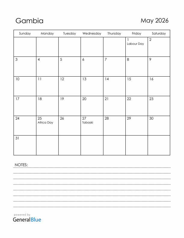 May 2026 Gambia Calendar with Holidays (Sunday Start)