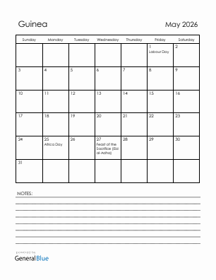Current month calendar with Guinea holidays for May 2026
