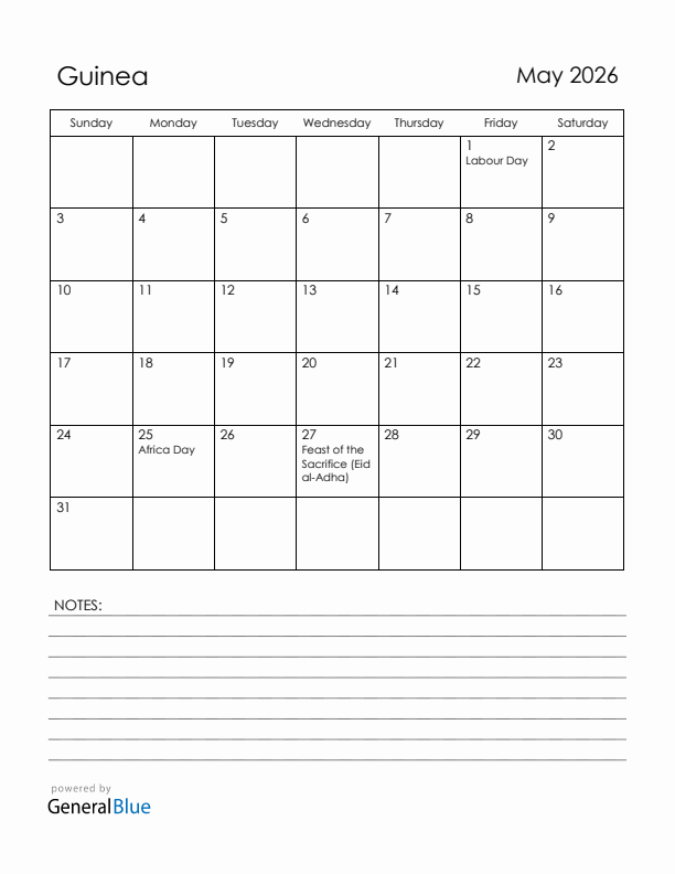 May 2026 Guinea Calendar with Holidays (Sunday Start)