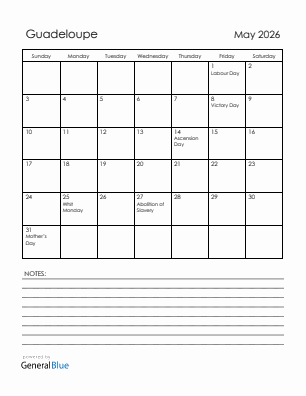 Current month calendar with Guadeloupe holidays for May 2026
