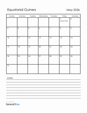 Current month calendar with Equatorial Guinea holidays for May 2026