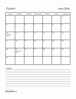 Current month calendar with Guam holidays for May 2026
