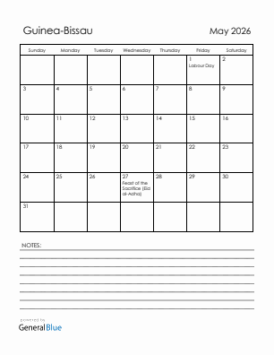 Current month calendar with Guinea-Bissau holidays for May 2026