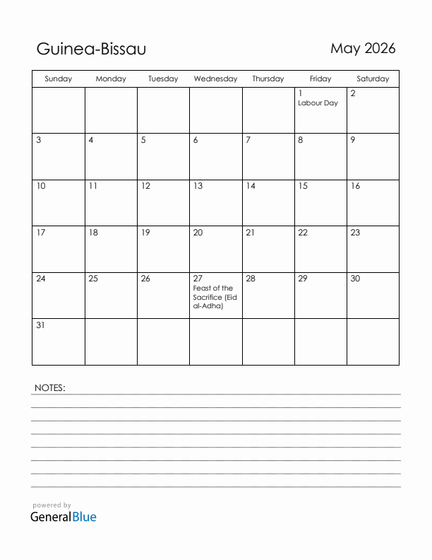 May 2026 Guinea-Bissau Calendar with Holidays (Sunday Start)