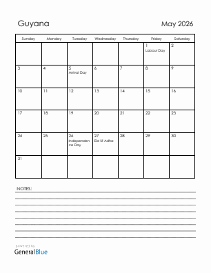 Current month calendar with Guyana holidays for May 2026