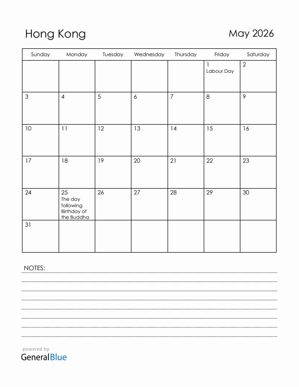 May 2026 Hong Kong Calendar with Holidays (Sunday Start)