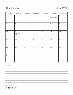 Current month calendar with Honduras holidays for May 2026