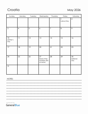 Current month calendar with Croatia holidays for May 2026