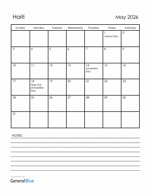 Current month calendar with Haiti holidays for May 2026