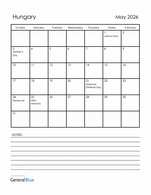 Current month calendar with Hungary holidays for May 2026