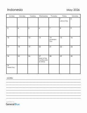 Current month calendar with Indonesia holidays for May 2026