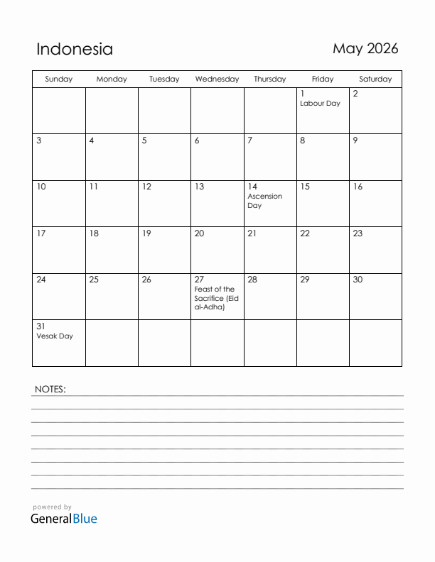 May 2026 Indonesia Calendar with Holidays (Sunday Start)