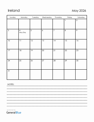 Current month calendar with Ireland holidays for May 2026