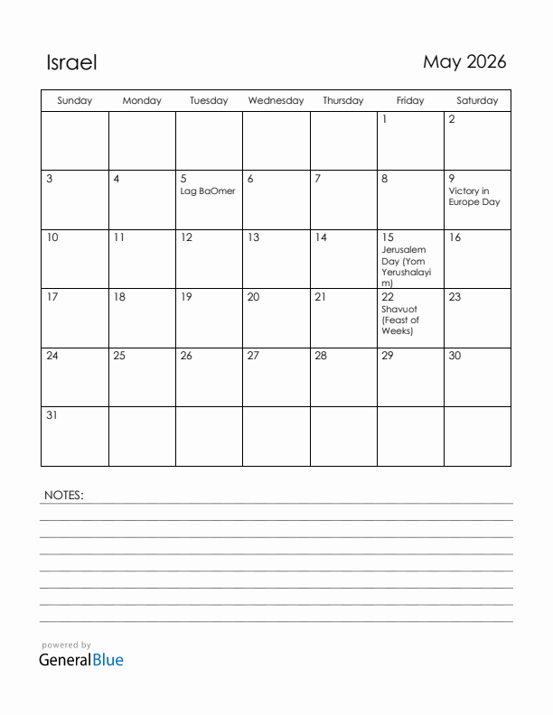 May 2026 Israel Calendar with Holidays (Sunday Start)