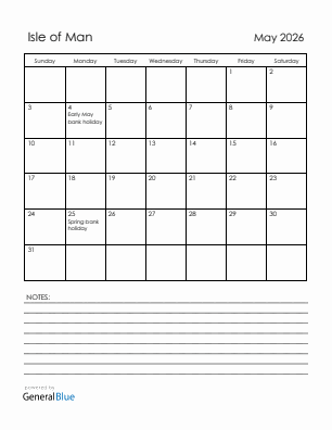 Current month calendar with Isle of Man holidays for May 2026
