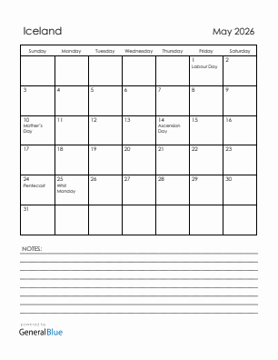 Current month calendar with Iceland holidays for May 2026