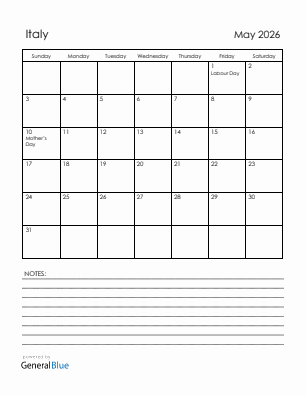 Current month calendar with Italy holidays for May 2026