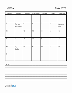 Current month calendar with Jersey holidays for May 2026