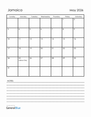 Current month calendar with Jamaica holidays for May 2026