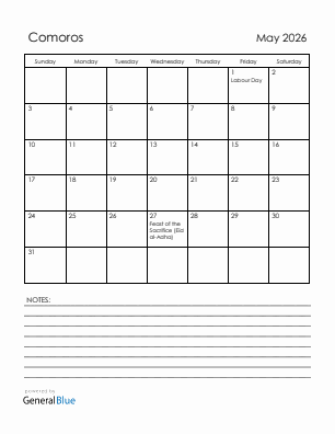 Current month calendar with Comoros holidays for May 2026