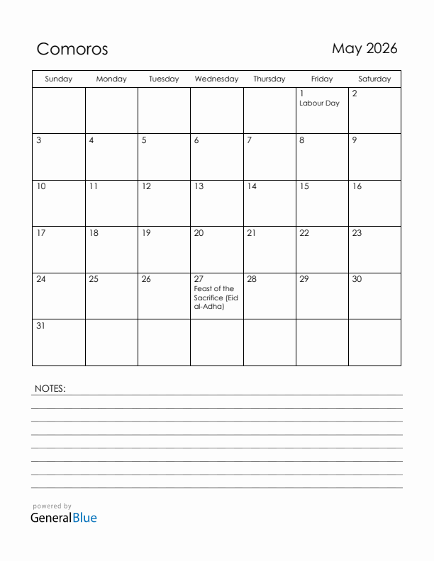 May 2026 Comoros Calendar with Holidays (Sunday Start)