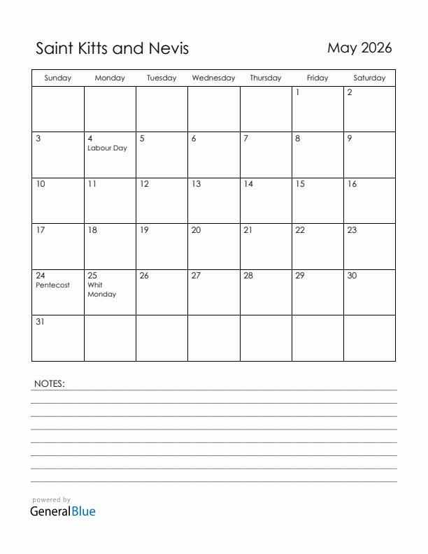 May 2026 Saint Kitts and Nevis Calendar with Holidays (Sunday Start)