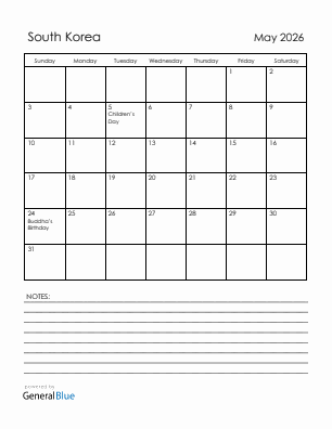 Current month calendar with South Korea holidays for May 2026