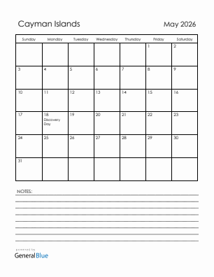 Current month calendar with Cayman Islands holidays for May 2026