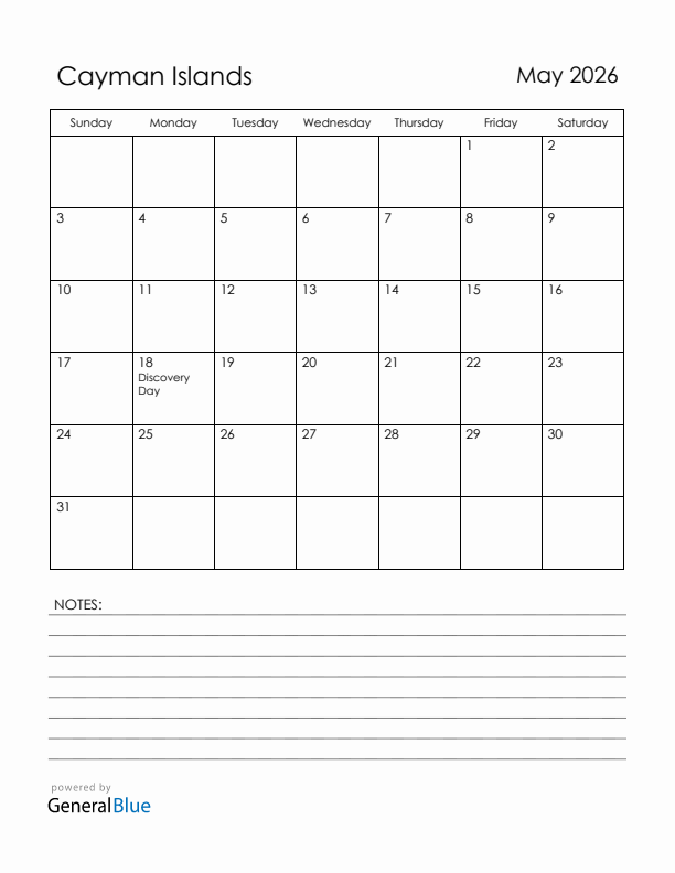 May 2026 Cayman Islands Calendar with Holidays (Sunday Start)