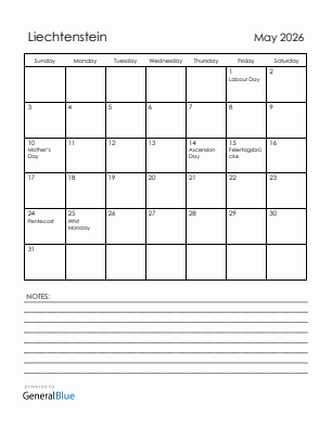 Current month calendar with Liechtenstein holidays for May 2026