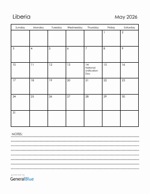 Current month calendar with Liberia holidays for May 2026