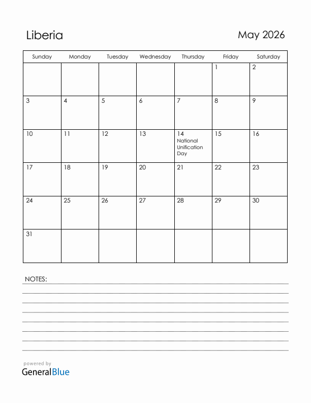 May 2026 Liberia Calendar with Holidays (Sunday Start)